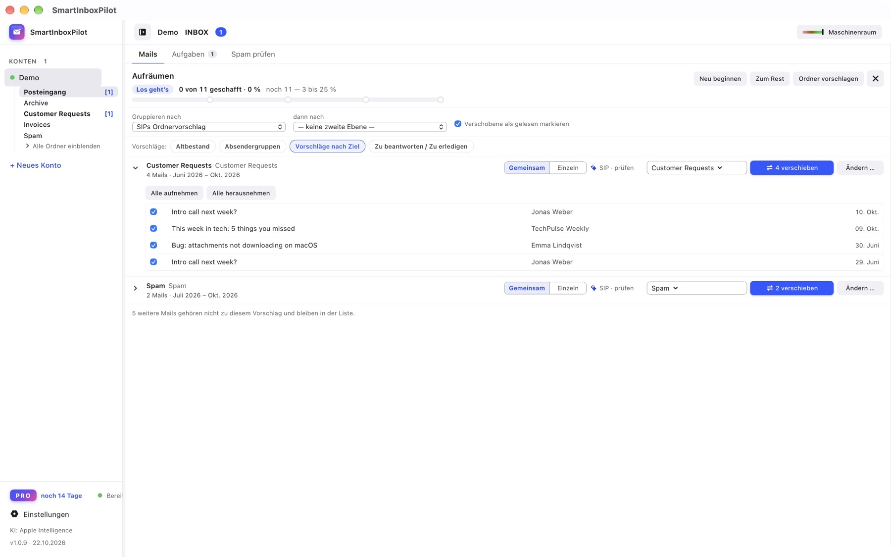 Aufräumen nach Zielordner gruppiert: vier Mails für „Customer Requests“, zwei für „Spam“, je mit Knopf zum Verschieben.