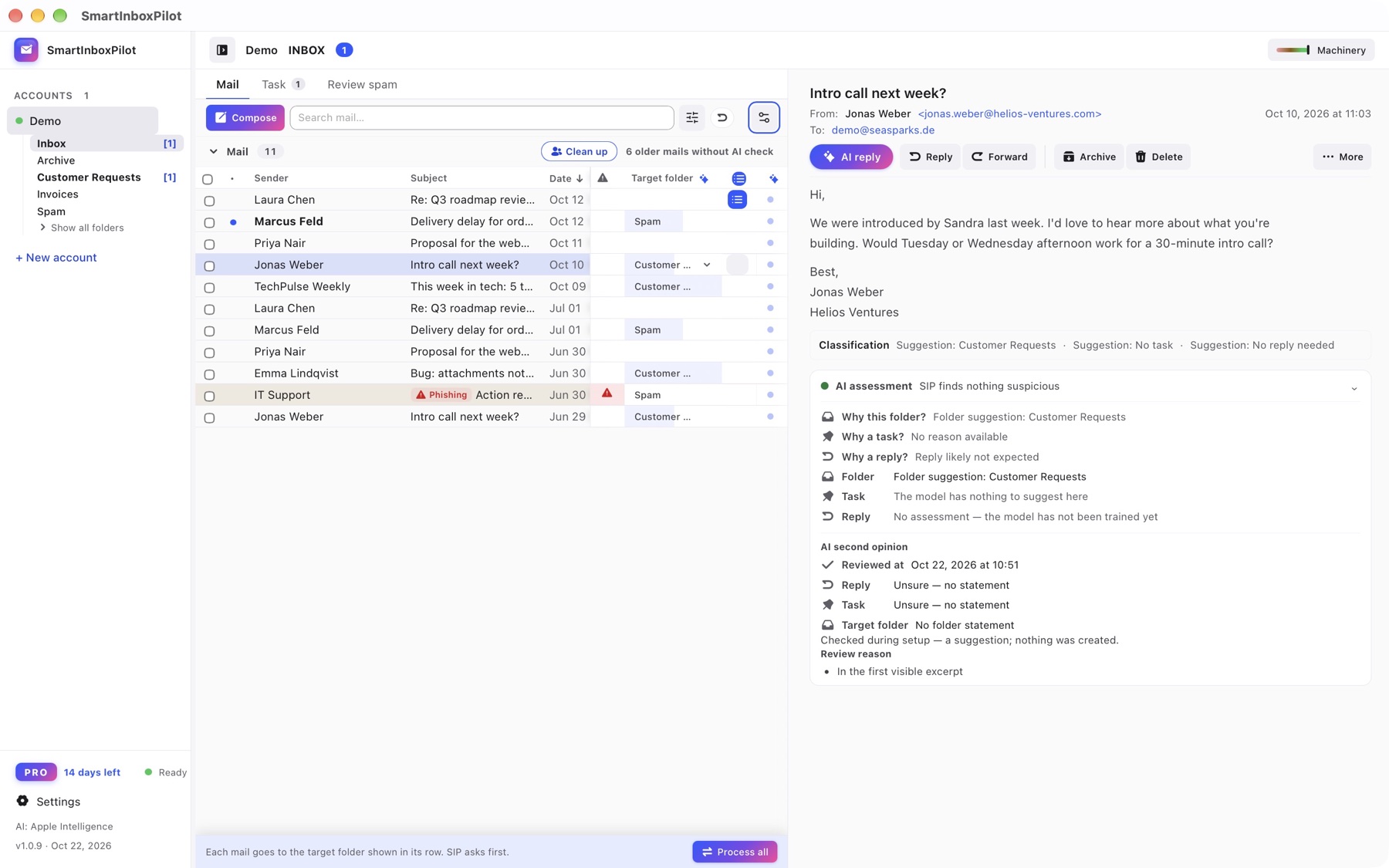 Reader with the AI assessment: folder suggestion “Customer Requests” with its reason, plus the assessment for task and reply.