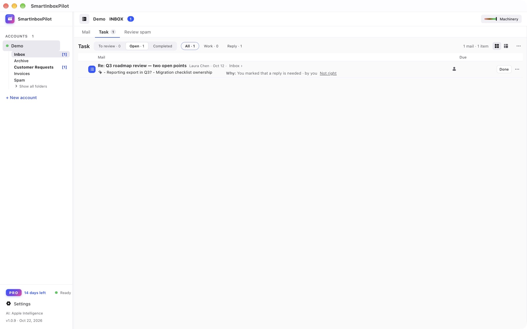 Task list with the tabs To review, Open and Done; one open task with its reason.