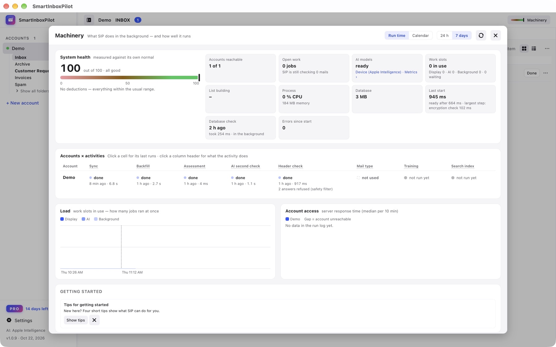 Machinery: system health 100 of 100, activities per account marked done, workload and account access.