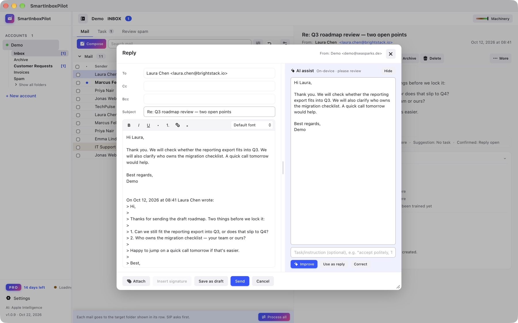 Reply window with AI assistance: a draft generated on the device, with the Improve, Use in reply and Correct buttons.
