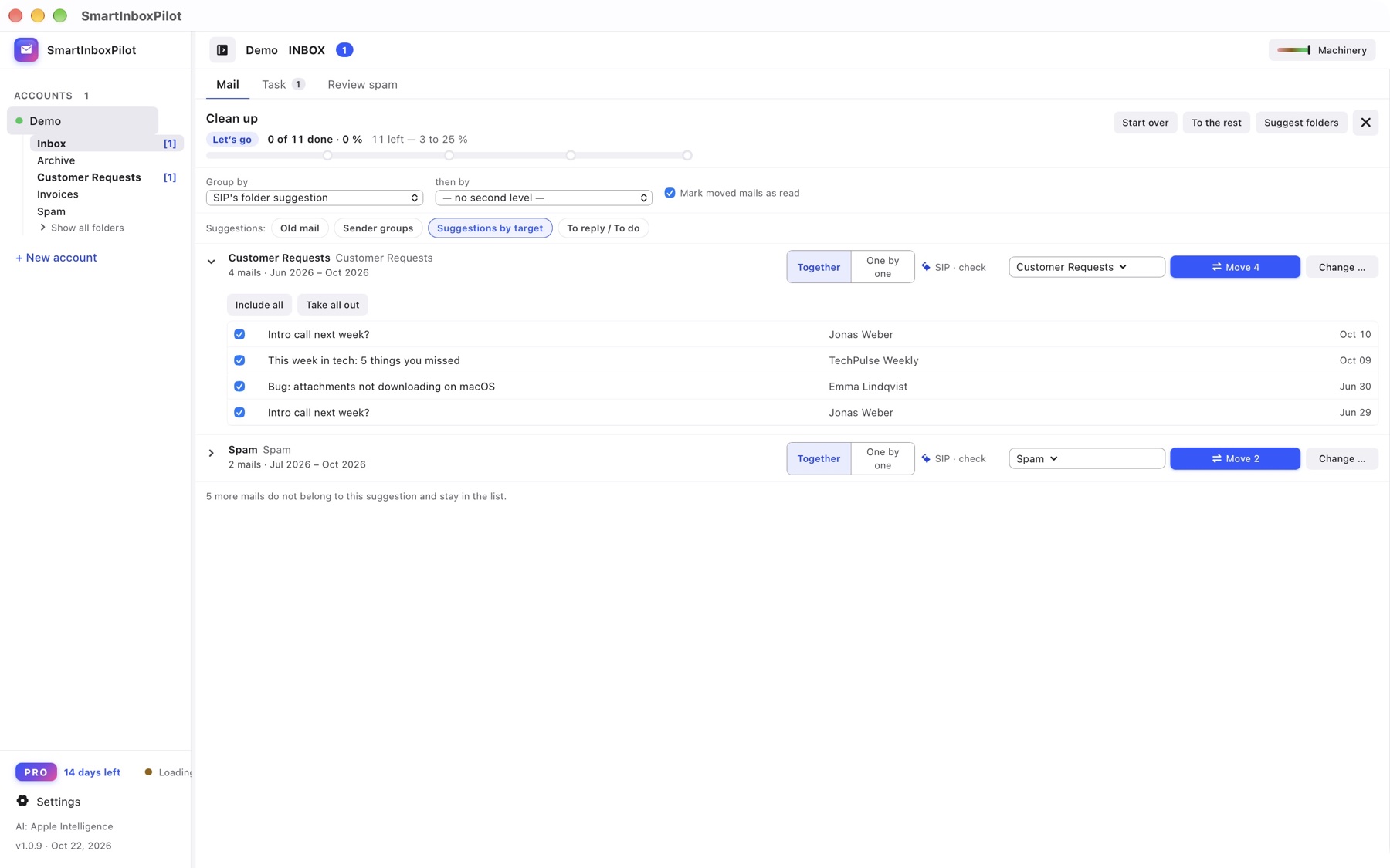 Clean up grouped by target folder: four mails for “Customer Requests”, two for “Spam”, each with a move button.